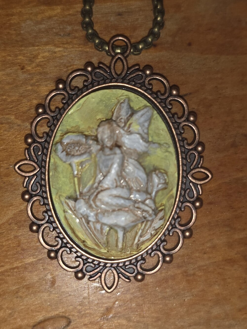 Yellow Distressed Fairy Cameo Necklace In Bronze Metal Frame W Chain Necklace